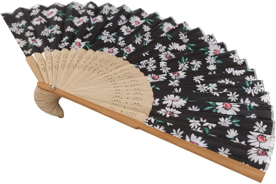 Black Folding Hand Fan with White Daisy Print – Carved Bamboo Ribs, Floral Fabric, Portable Summer Fan for Gifts, Decor & Everyday Use
