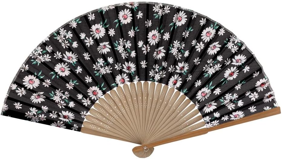 Black Folding Hand Fan with White Daisy Print – Carved Bamboo Ribs, Floral Fabric, Portable Summer Fan for Gifts, Decor & Everyday Use