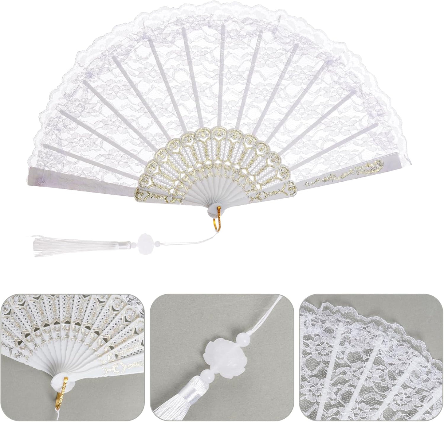 Elegant White Lace Folding Hand Fan – Bridal Wedding Fan with Decorative Tassel, Carved Plastic Ribs – Perfect for Dance, Gifts, or Summer Use