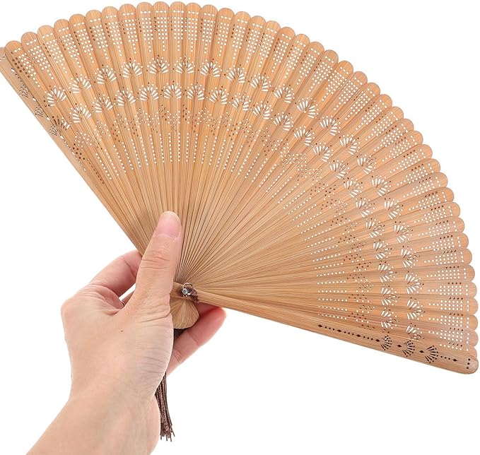 Elegant Carved Wooden Folding Fan with Tassel – Handcrafted Vintage Bamboo Hand Fan