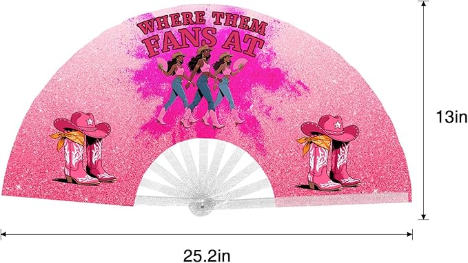 Oversized Glitter Pink Folding Fan – "Where Them Fans At" Print with Western Boots & Dancers – Party, Performance & Statement Accessory