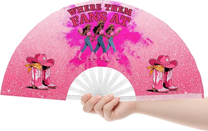Oversized Glitter Pink Folding Fan – "Where Them Fans At" Print with Western Boots & Dancers – Party, Performance & Statement Accessory