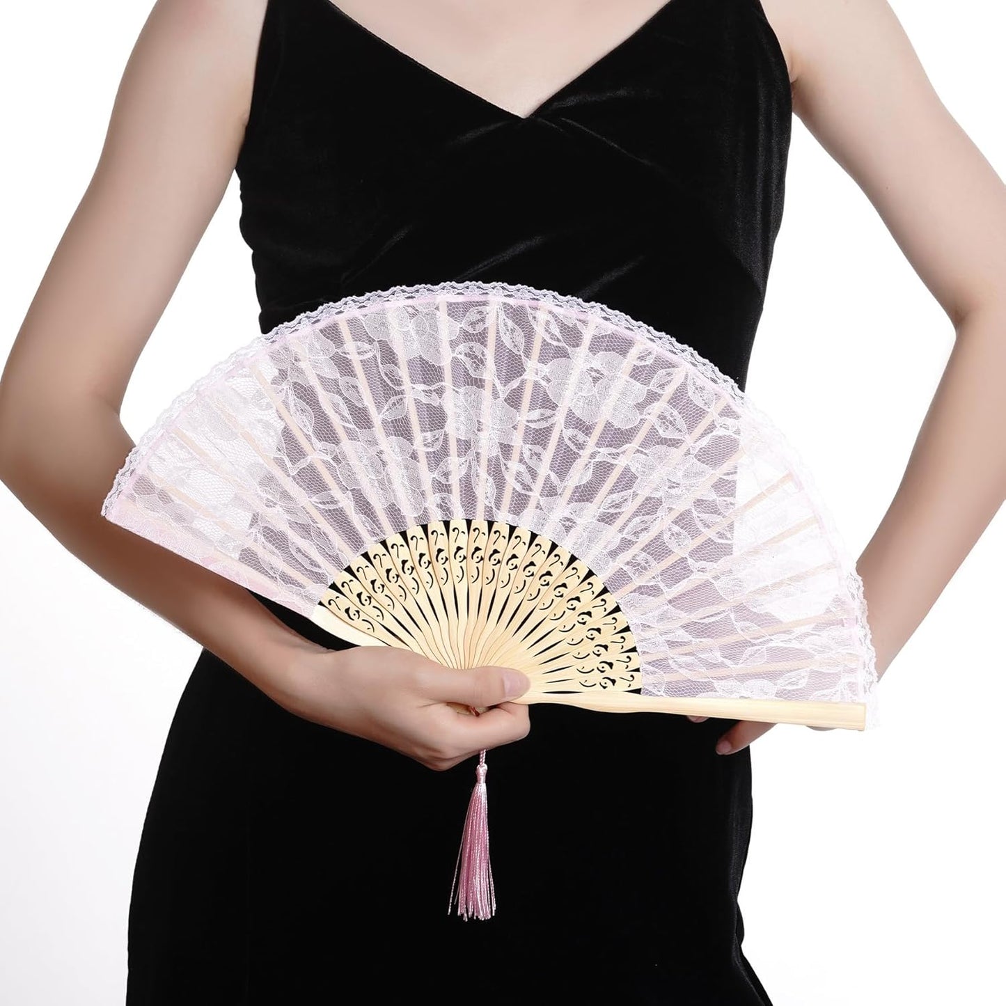 Pink Lace Folding Hand Fan with Hollow-Carved Bamboo Ribs – Elegant Bridal Fan with Tassel for Wedding, Dance & Decorative Use