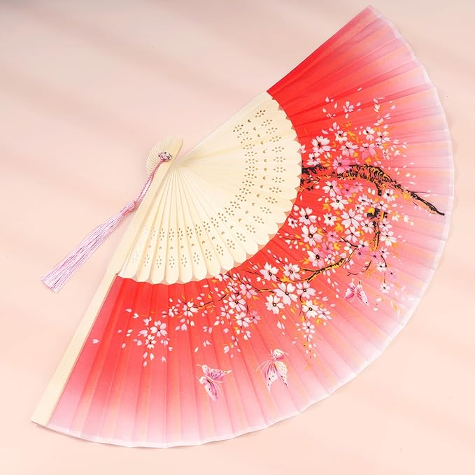 Pink Cherry Blossom Folding Hand Fan – Floral Print with Carved Bamboo Ribs & Tassel – 14.5" Portable Fan for Summer, Gift, Dance & Costume Use