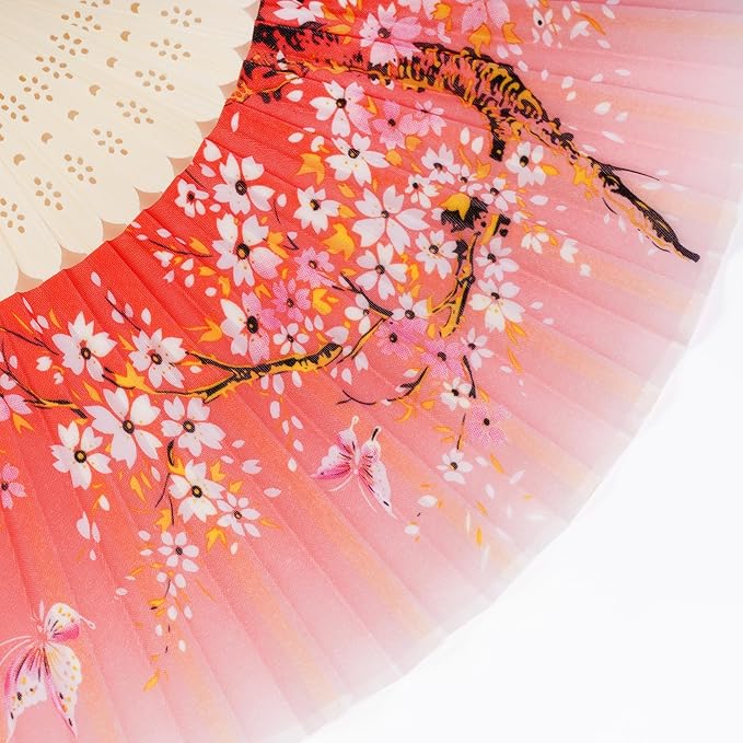 Pink Cherry Blossom Folding Hand Fan – Floral Print with Carved Bamboo Ribs & Tassel – 14.5" Portable Fan for Summer, Gift, Dance & Costume Use