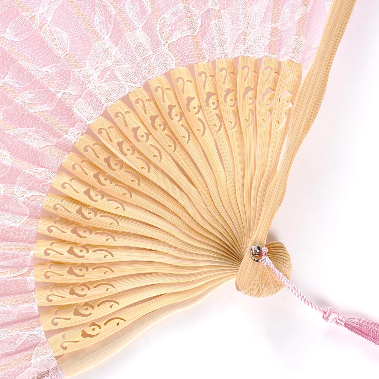 Pink Lace Folding Hand Fan with Hollow-Carved Bamboo Ribs – Elegant Bridal Fan with Tassel for Wedding, Dance & Decorative Use