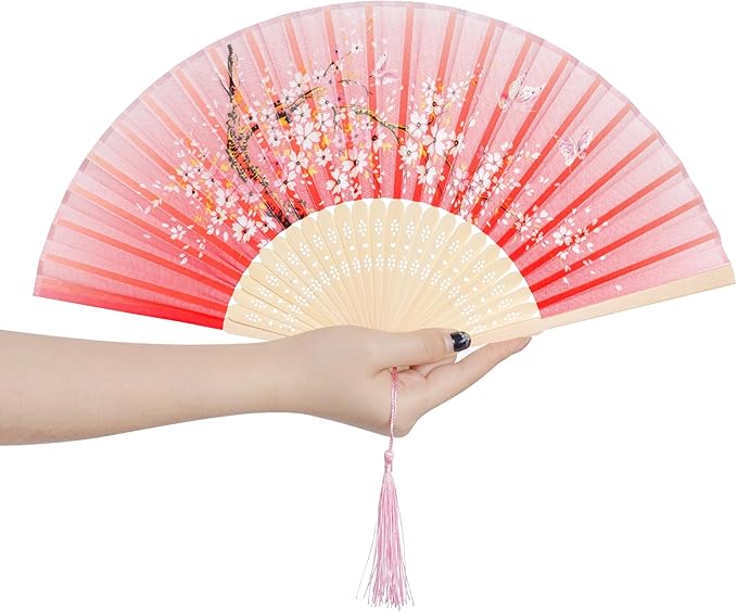 Pink Cherry Blossom Folding Hand Fan – Floral Print with Carved Bamboo Ribs & Tassel – 14.5" Portable Fan for Summer, Gift, Dance & Costume Use