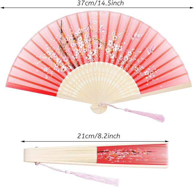 Pink Cherry Blossom Folding Hand Fan – Floral Print with Carved Bamboo Ribs & Tassel – 14.5" Portable Fan for Summer, Gift, Dance & Costume Use