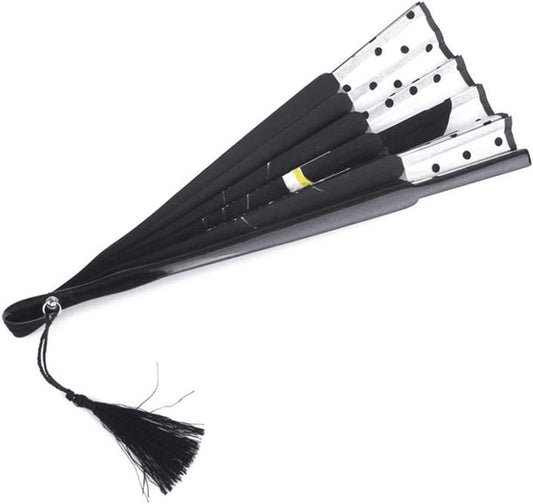 Cute Black Cat Folding Hand Fan – Bamboo Frame with Nylon Fabric, Polka Dot Design, Tassel Accent – 15" Wide Portable Fan for Summer, Cosplay & Gifts