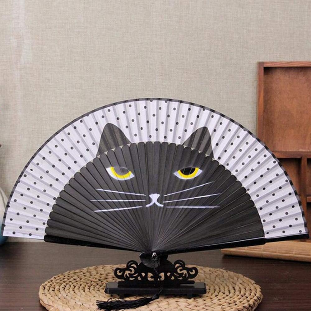 Cute Black Cat Folding Hand Fan – Bamboo Frame with Nylon Fabric, Polka Dot Design, Tassel Accent – 15" Wide Portable Fan for Summer, Cosplay & Gifts