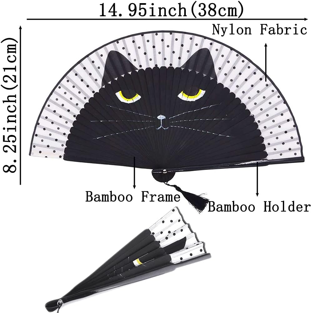Cute Black Cat Folding Hand Fan – Bamboo Frame with Nylon Fabric, Polka Dot Design, Tassel Accent – 15" Wide Portable Fan for Summer, Cosplay & Gifts