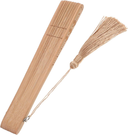 Elegant Carved Wooden Folding Fan with Tassel – Handcrafted Vintage Bamboo Hand Fan