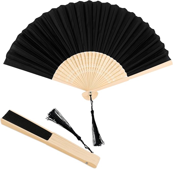 Black Fabric Bamboo Folding Hand Fan with Tassel – Traditional Chinese Style Handheld Fan for Dance, Performance, Gifting & Summer Cooling