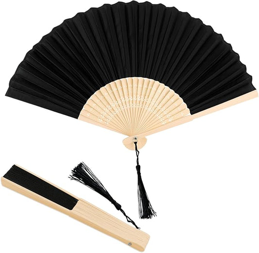 Black Fabric Bamboo Folding Hand Fan with Tassel – Traditional Chinese Style Handheld Fan for Dance, Performance, Gifting & Summer Cooling