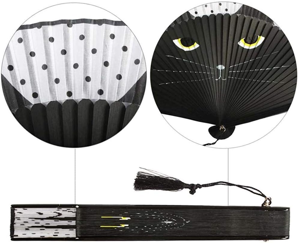 Cute Black Cat Folding Hand Fan – Bamboo Frame with Nylon Fabric, Polka Dot Design, Tassel Accent – 15" Wide Portable Fan for Summer, Cosplay & Gifts