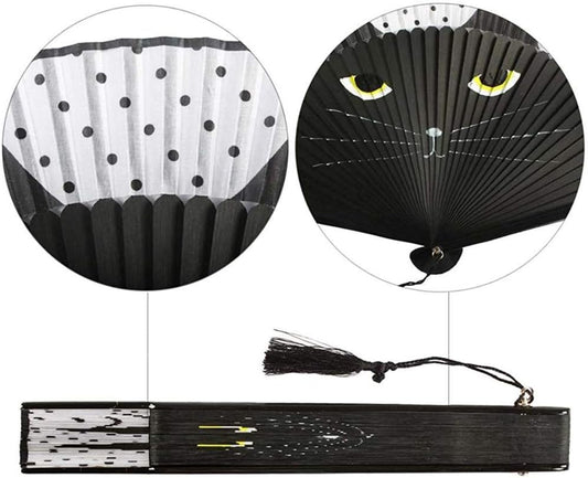 Cute Black Cat Folding Hand Fan – Bamboo Frame with Nylon Fabric, Polka Dot Design, Tassel Accent – 15" Wide Portable Fan for Summer, Cosplay & Gifts