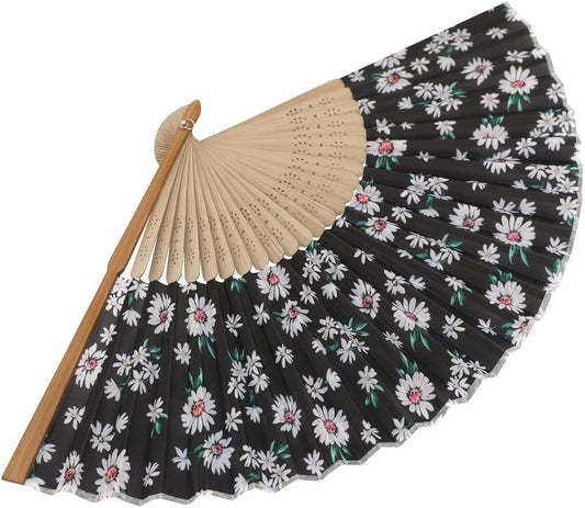 Black Folding Hand Fan with White Daisy Print – Carved Bamboo Ribs, Floral Fabric, Portable Summer Fan for Gifts, Decor & Everyday Use