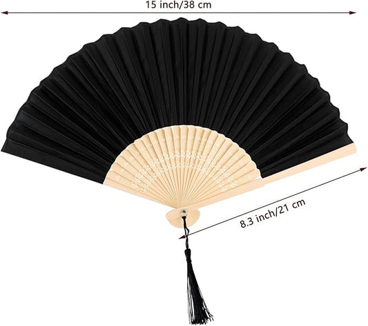 Black Fabric Bamboo Folding Hand Fan with Tassel – Traditional Chinese Style Handheld Fan for Dance, Performance, Gifting & Summer Cooling