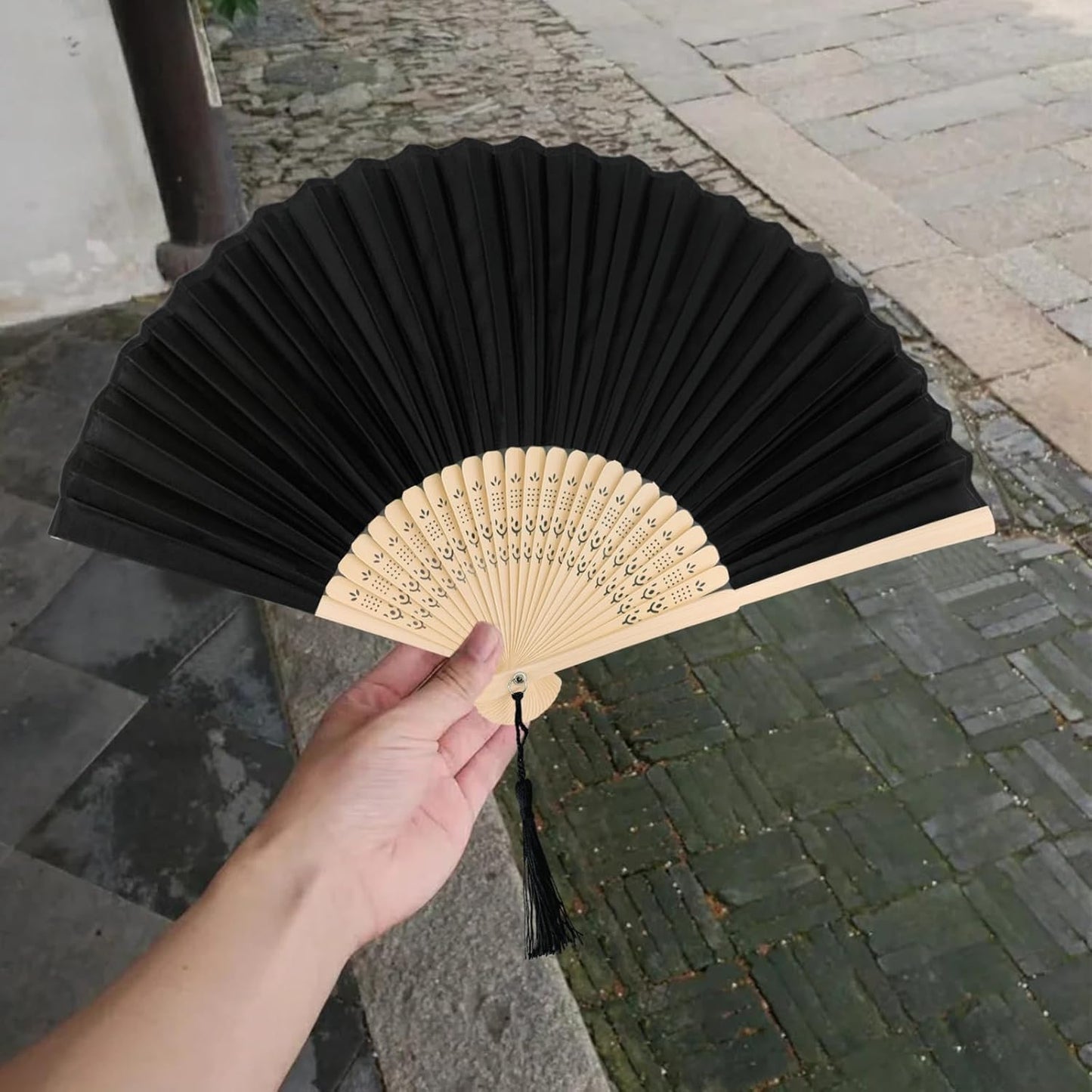 Black Fabric Bamboo Folding Hand Fan with Tassel – Traditional Chinese Style Handheld Fan for Dance, Performance, Gifting & Summer Cooling