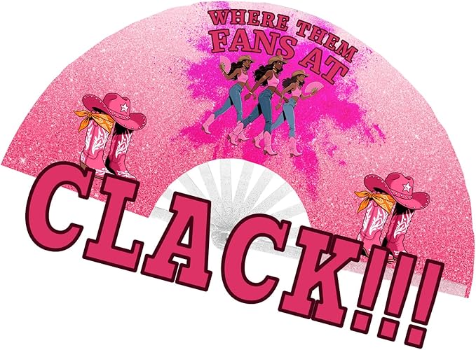 Oversized Glitter Pink Folding Fan – "Where Them Fans At" Print with Western Boots & Dancers – Party, Performance & Statement Accessory