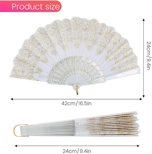 Elegant White & Gold Lace Folding Hand Fan – European Vintage Style Wedding Party Dance Fan with Decorative Plastic Ribs