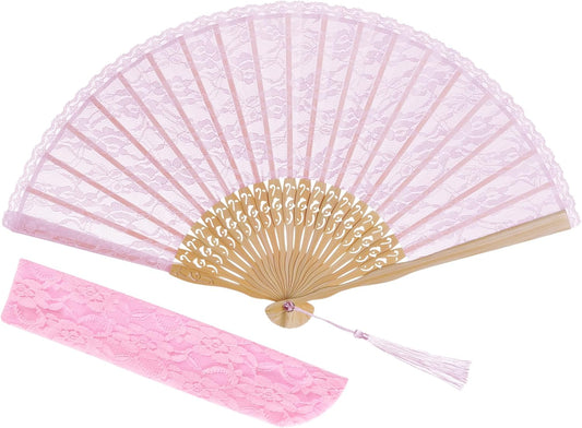 Pink Lace Folding Hand Fan with Hollow-Carved Bamboo Ribs – Elegant Bridal Fan with Tassel for Wedding, Dance & Decorative Use