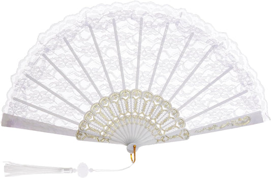 Elegant White Lace Folding Hand Fan – Bridal Wedding Fan with Decorative Tassel, Carved Plastic Ribs – Perfect for Dance, Gifts, or Summer Use