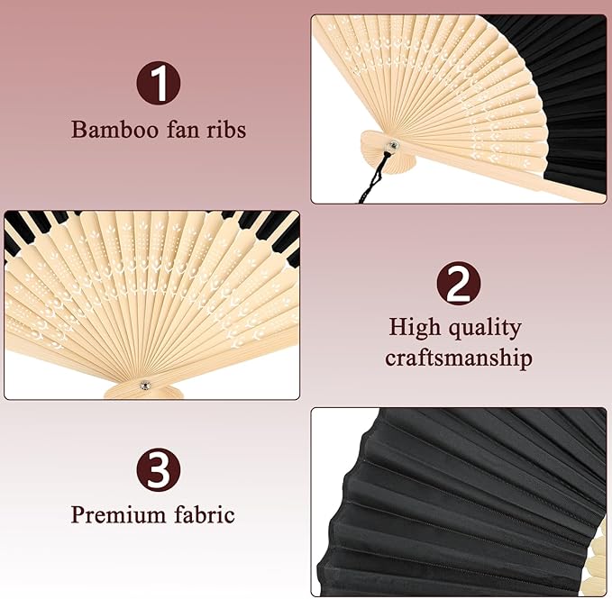 Black Fabric Bamboo Folding Hand Fan with Tassel – Traditional Chinese Style Handheld Fan for Dance, Performance, Gifting & Summer Cooling