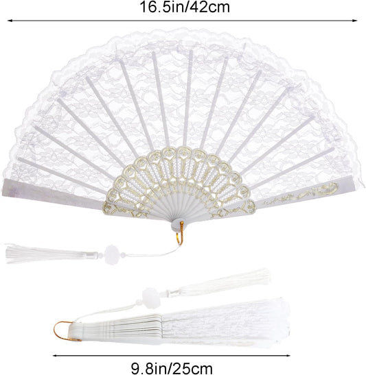 Elegant White Lace Folding Hand Fan – Bridal Wedding Fan with Decorative Tassel, Carved Plastic Ribs – Perfect for Dance, Gifts, or Summer Use