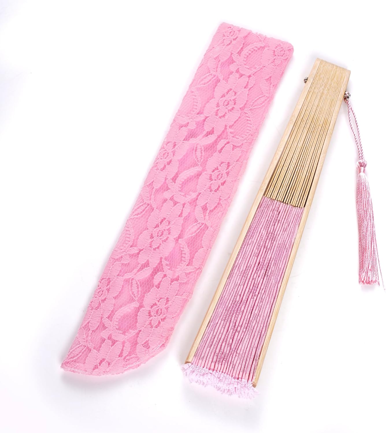 Pink Lace Folding Hand Fan with Hollow-Carved Bamboo Ribs – Elegant Bridal Fan with Tassel for Wedding, Dance & Decorative Use