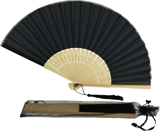 Elegant Black Fabric Folding Fan with Bamboo Frame – Minimalist Vintage Handheld Fan with Tassel for Summer, Performance, Gift Use – 37cm Wide