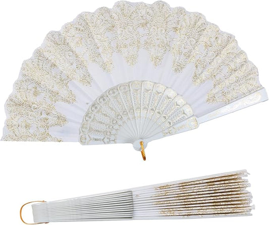 Elegant White & Gold Lace Folding Hand Fan – European Vintage Style Wedding Party Dance Fan with Decorative Plastic Ribs