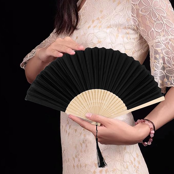 Black Fabric Bamboo Folding Hand Fan with Tassel – Traditional Chinese Style Handheld Fan for Dance, Performance, Gifting & Summer Cooling