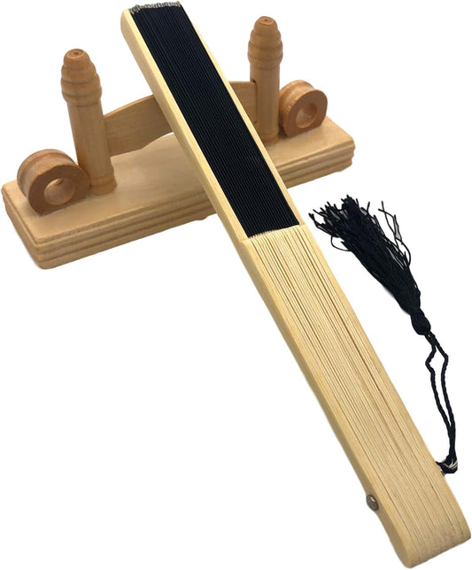 Elegant Black Fabric Folding Fan with Bamboo Frame – Minimalist Vintage Handheld Fan with Tassel for Summer, Performance, Gift Use – 37cm Wide