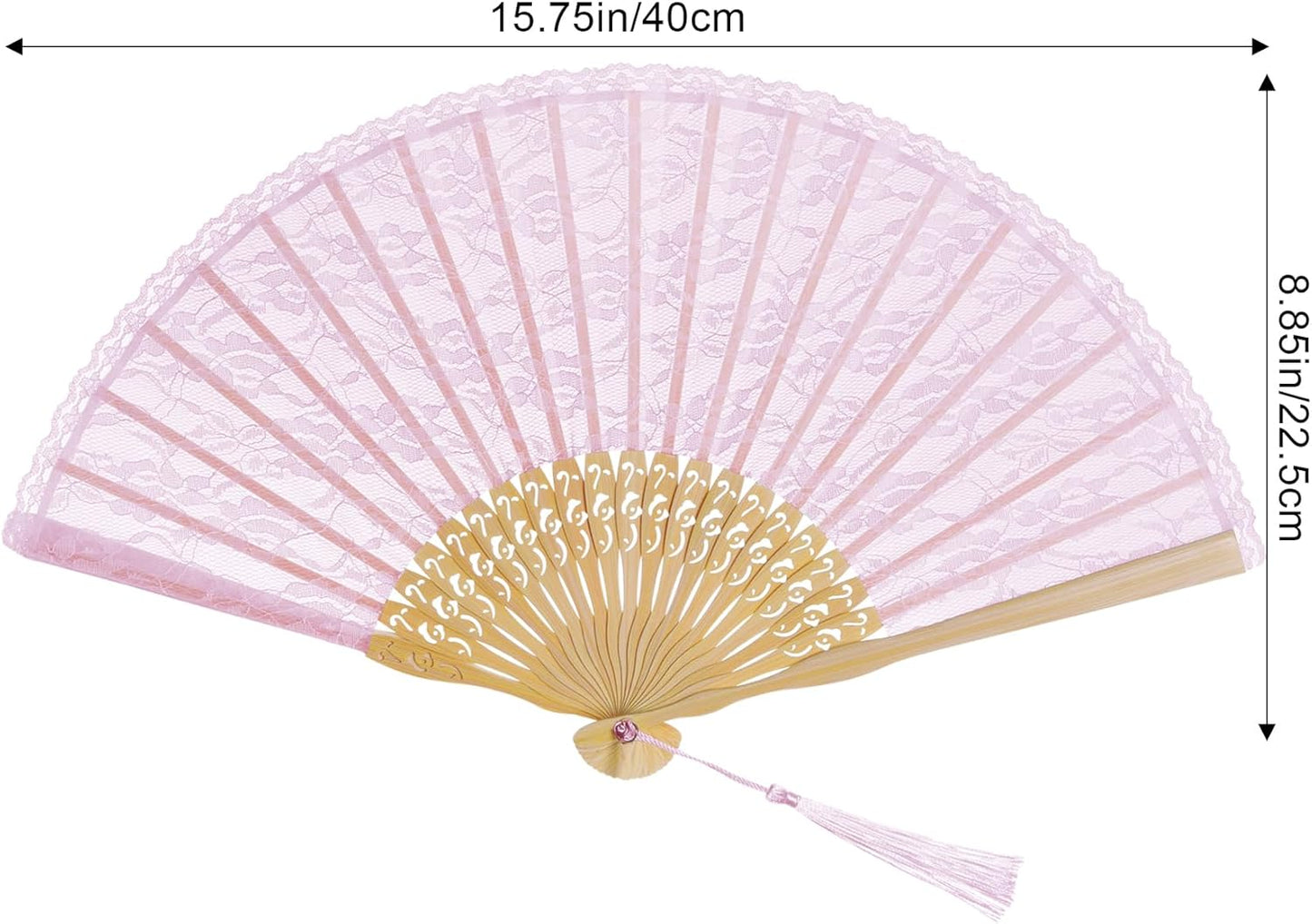 Pink Lace Folding Hand Fan with Hollow-Carved Bamboo Ribs – Elegant Bridal Fan with Tassel for Wedding, Dance & Decorative Use