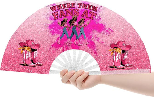Oversized Glitter Pink Folding Fan – "Where Them Fans At" Print with Western Boots & Dancers – Party, Performance & Statement Accessory