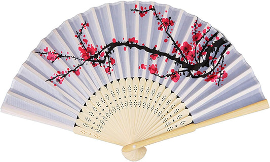 Plum Blossom Folding Hand Fan – Fabric Print with Carved Bamboo Ribs, 38cm Wide Vintage Decorative Fan for Performance, Gift & Home Display
