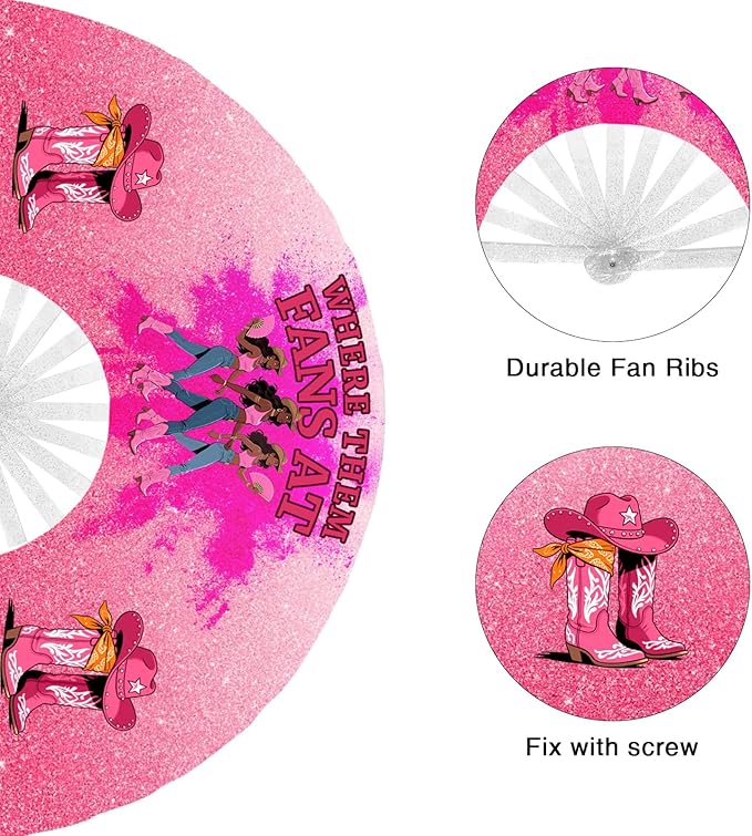 Oversized Glitter Pink Folding Fan – "Where Them Fans At" Print with Western Boots & Dancers – Party, Performance & Statement Accessory