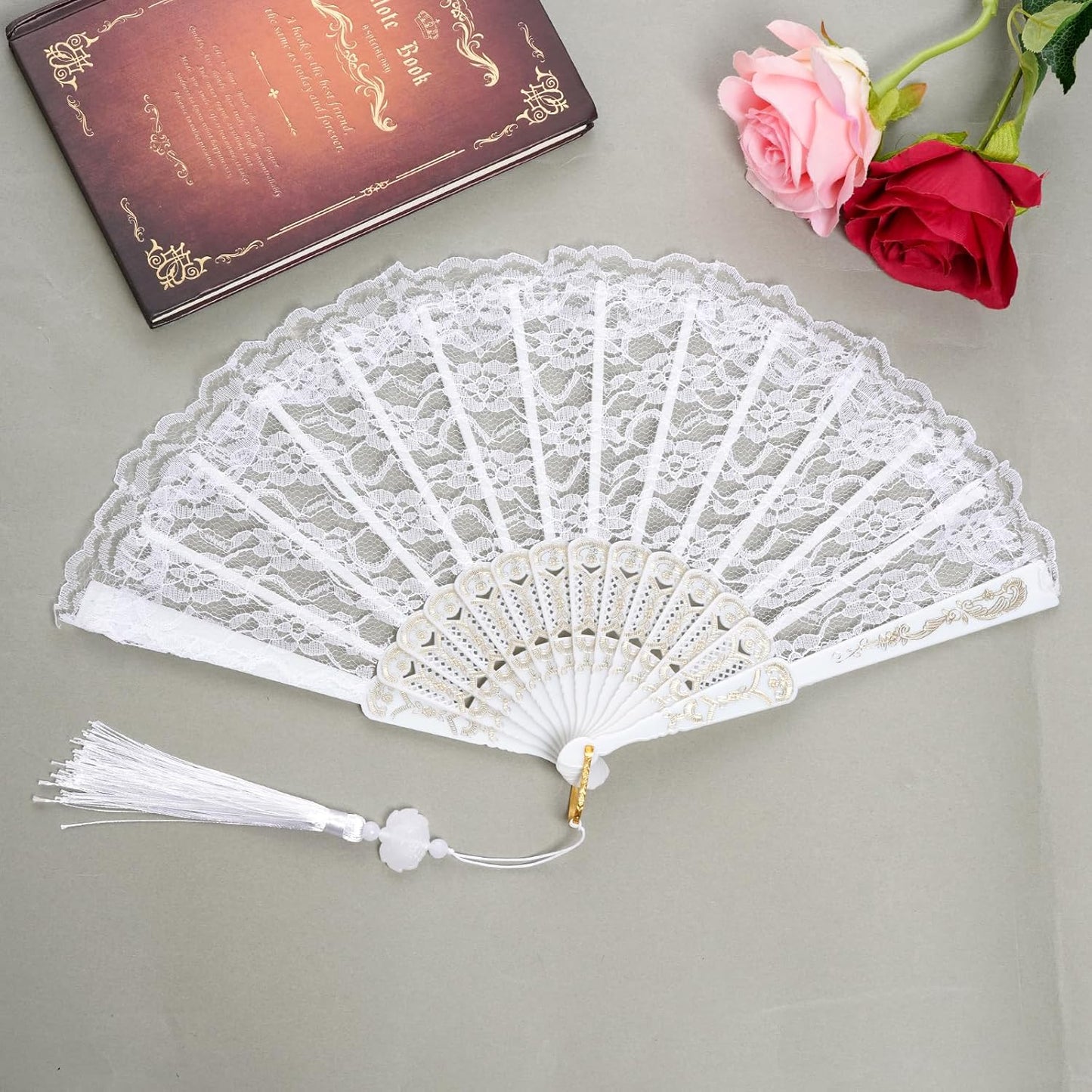Elegant White Lace Folding Hand Fan – Bridal Wedding Fan with Decorative Tassel, Carved Plastic Ribs – Perfect for Dance, Gifts, or Summer Use