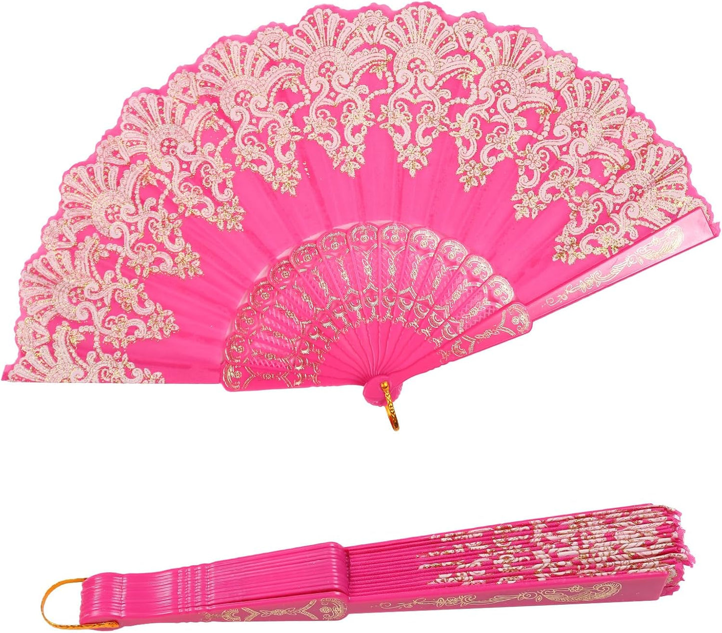 Luxury Pink Lace Folding Hand Fan – Elegant European-Style Decorative Dance Fan with Gold Embroidery – 16.5in Large Size for Party, Wedding & Gift