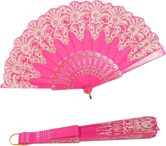 Luxury Pink Lace Folding Hand Fan – Elegant European-Style Decorative Dance Fan with Gold Embroidery – 16.5in Large Size for Party, Wedding & Gift