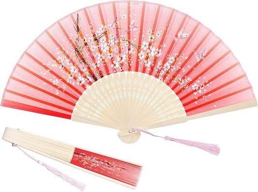 Pink Cherry Blossom Folding Hand Fan – Floral Print with Carved Bamboo Ribs & Tassel – 14.5" Portable Fan for Summer, Gift, Dance & Costume Use