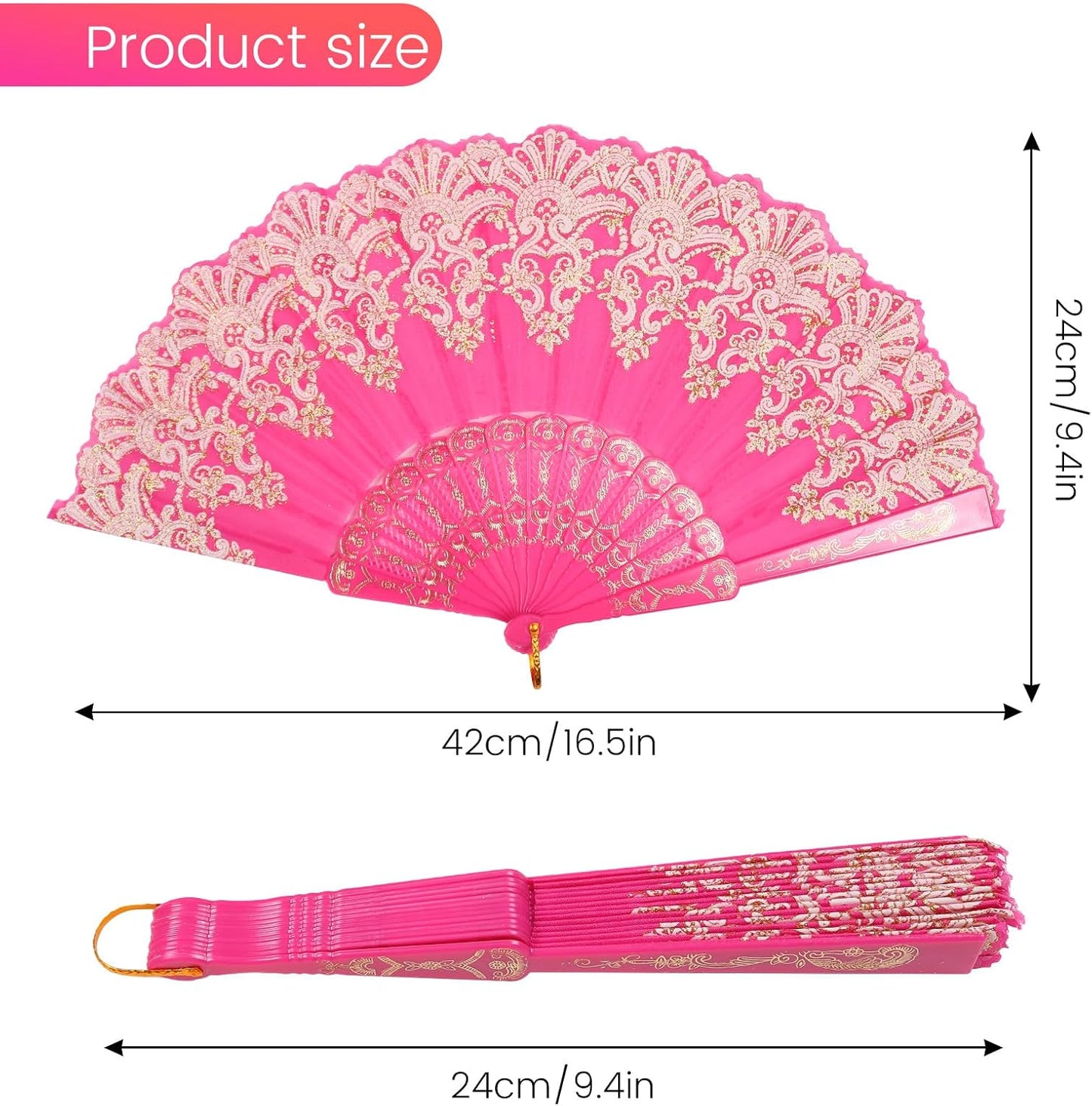 Luxury Pink Lace Folding Hand Fan – Elegant European-Style Decorative Dance Fan with Gold Embroidery – 16.5in Large Size for Party, Wedding & Gift