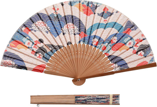 Vintage Style Folding Hand Fan – Printed Cotton Fabric with Carved Bamboo Ribs, 16.5in Large Decorative Fan with Ring for Tassel or Hanging
