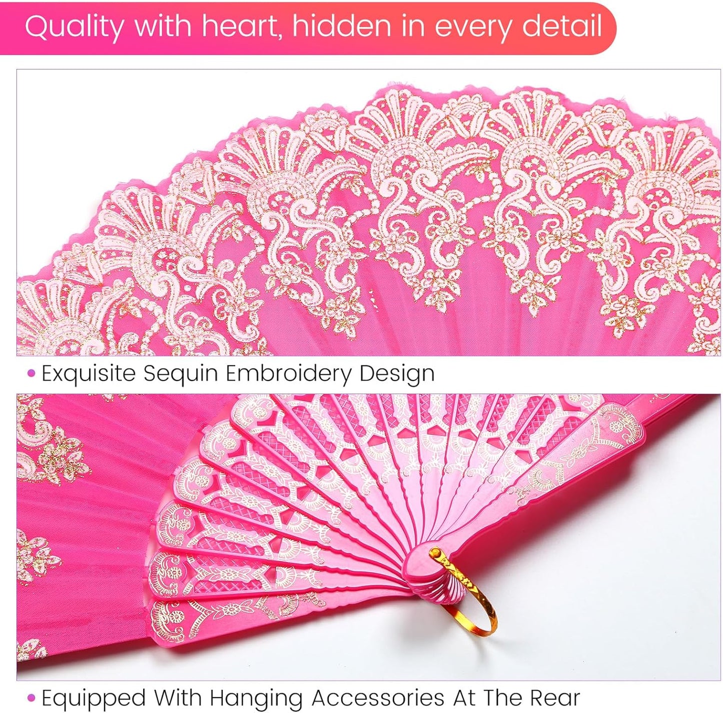 Luxury Pink Lace Folding Hand Fan – Elegant European-Style Decorative Dance Fan with Gold Embroidery – 16.5in Large Size for Party, Wedding & Gift