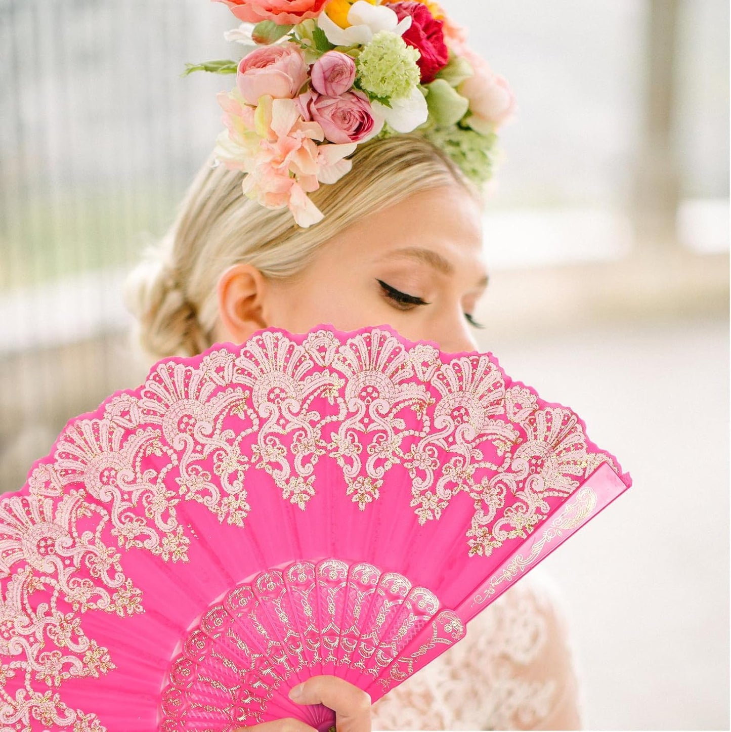 Luxury Pink Lace Folding Hand Fan – Elegant European-Style Decorative Dance Fan with Gold Embroidery – 16.5in Large Size for Party, Wedding & Gift